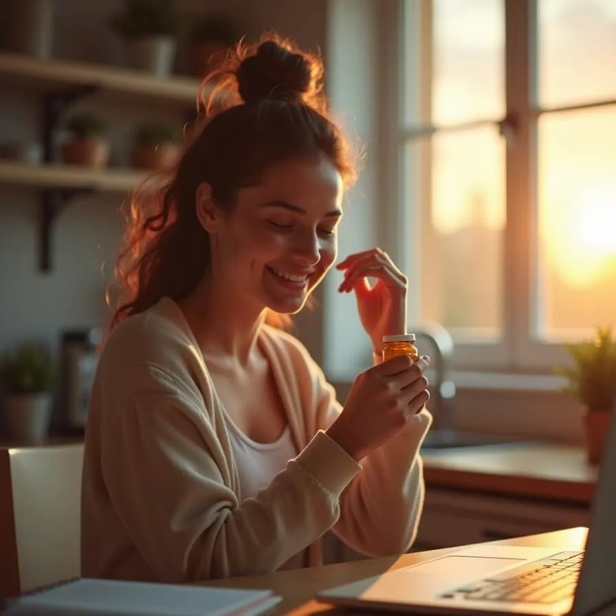 Quick Vitality Reset: energized person with multivitamin bottle symbolizing restored energy and focus.