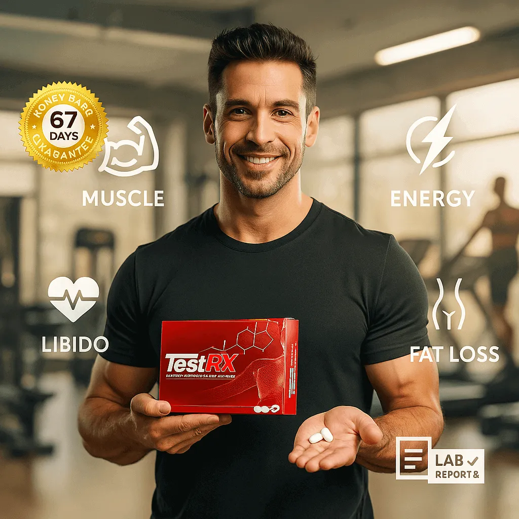 “Confident man holding a TestRX® bottle and capsules with icons showing muscle, energy, libido and fat loss plus a lab report and 67-day guarantee badge.”