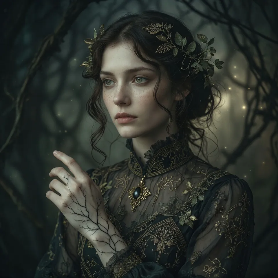 Portrait d’Elara Ashborne, sœur de Seraphina liée au Voile