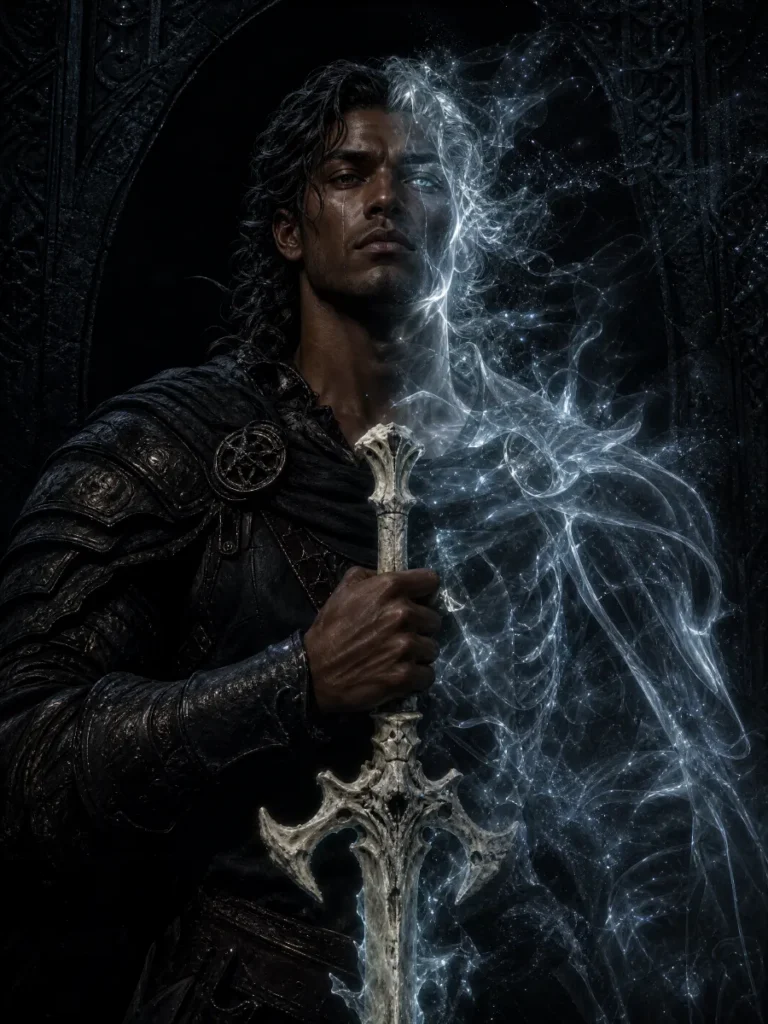 Portrait of Kael emerging from spectral light into a chosen body
