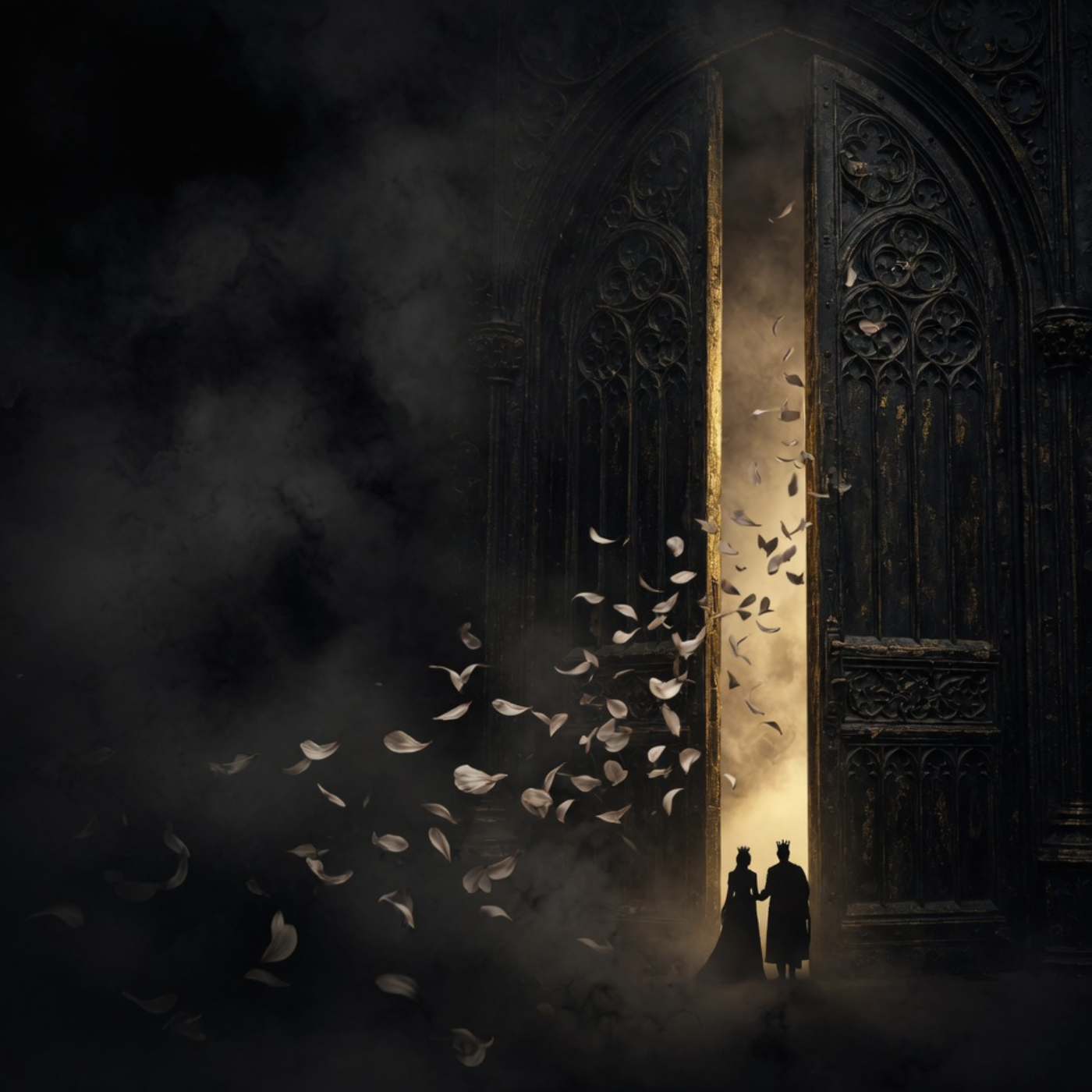 A narrow golden opening in the Starless Gate with Seraphina and Theron standing together