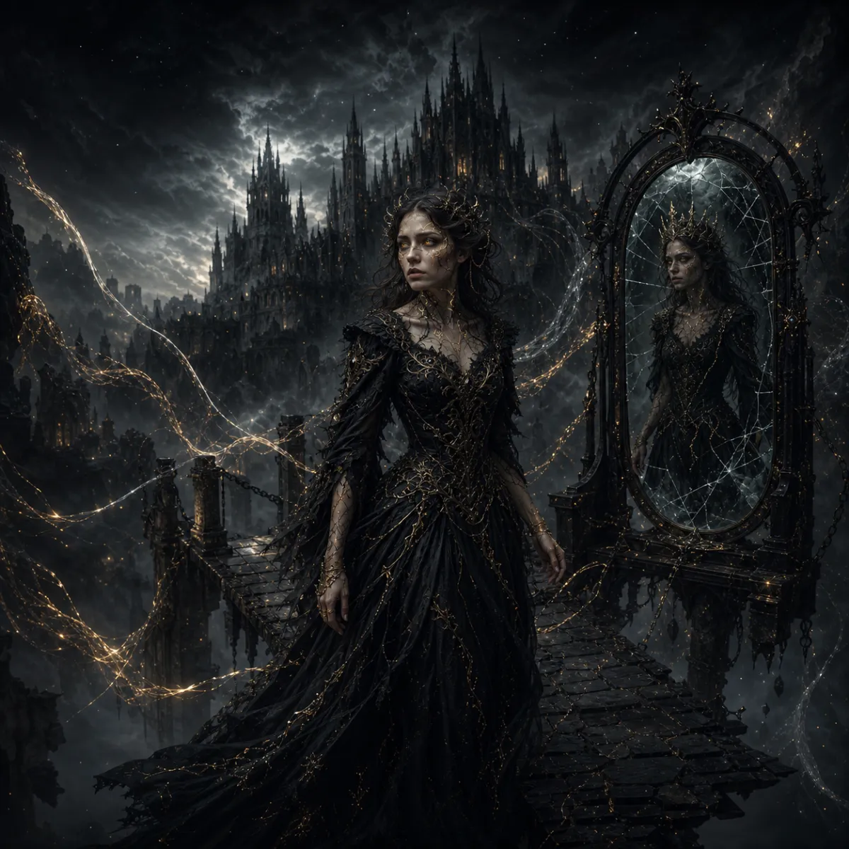 Seraphina faces her crowned shadow-copy between the living world and the Kingdom of the Dead