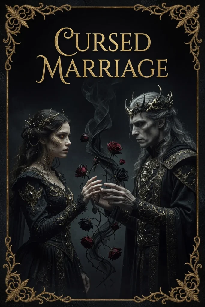 The necromancer queen and the Immortal King exchanging a cursed black rose in a gothic fantasy romance.