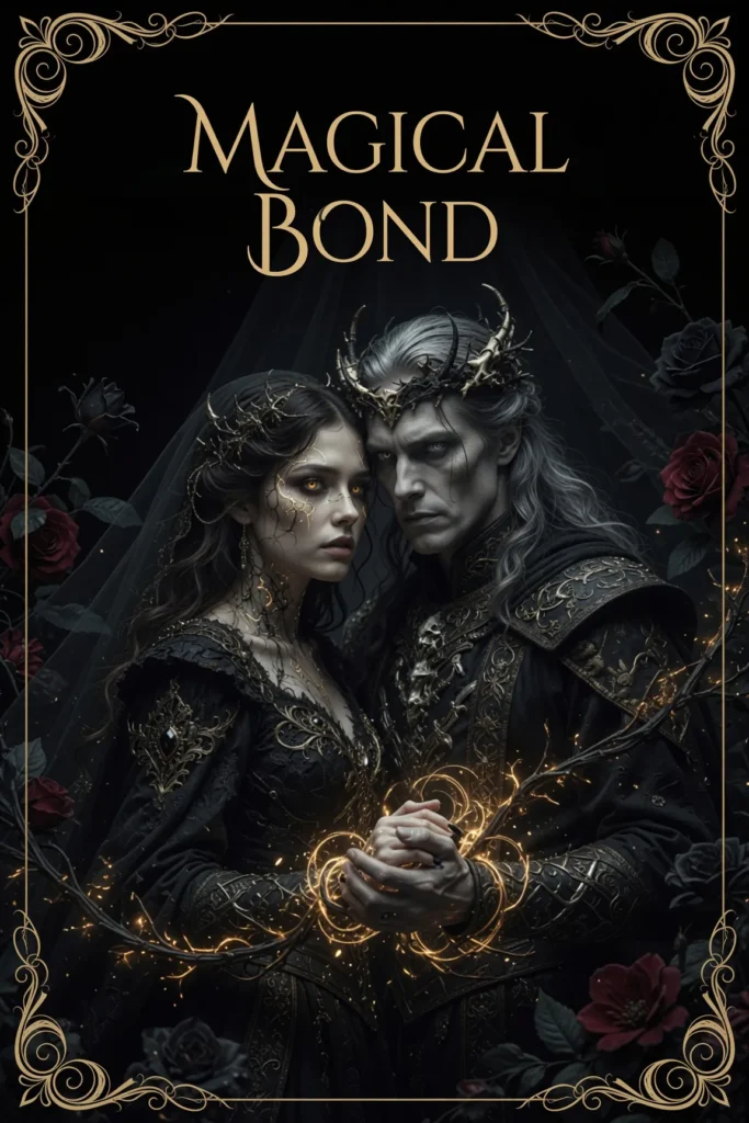 The necromancer queen and the Immortal King holding hands as magical golden energy binds their souls.
