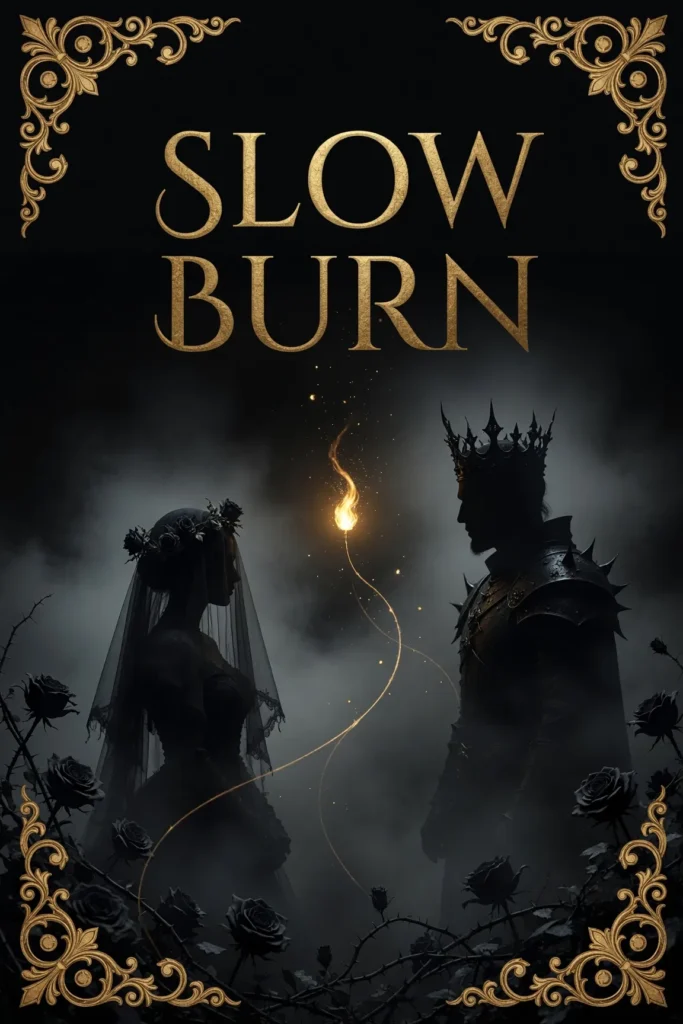 Silhouette of a necromancer queen and the Immortal King connected by magical light in a slow-burn dark fantasy romance.