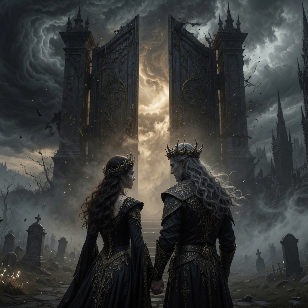 Seraphina and Theron facing the Starless Gate above the living world and the Kingdom of the Dead